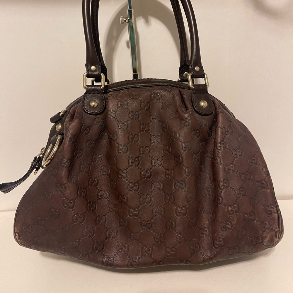 Gucci Brown Monogram Leather Satchel with Dark Brown Handles